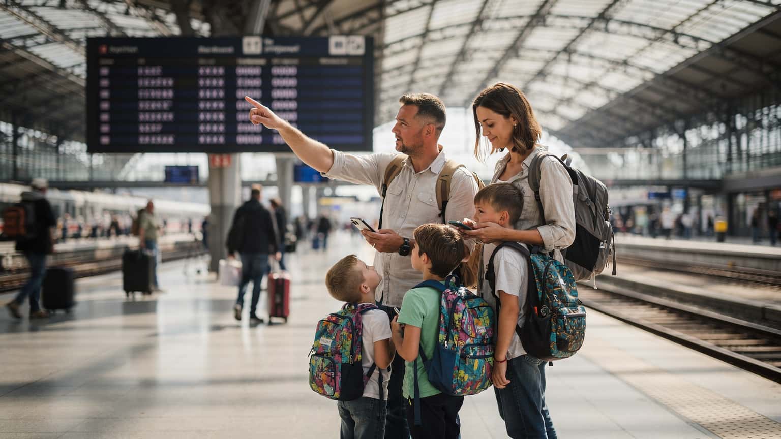 A busy UK family, parents and two children aged 8 and 12, stand in a bustling European train station, looking at their phones and a large departure board, preparing for their next journey.