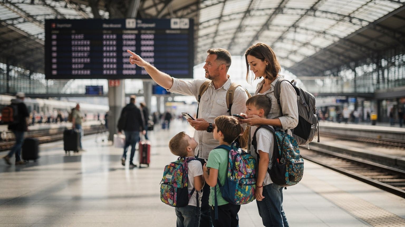 A busy UK family, parents and two children aged 8 and 12, stand in a bustling European train station, looking at their phones and a large departure board, preparing for their next journey.