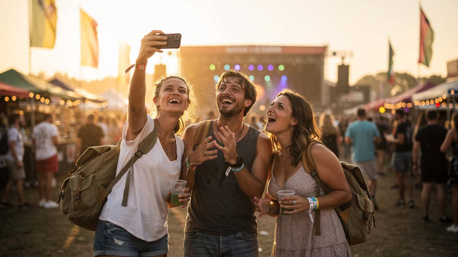 A group of friends at a late summer music festival in Europe, one person holding up a phone with a wide grin, showing off good signal amidst the crowd.