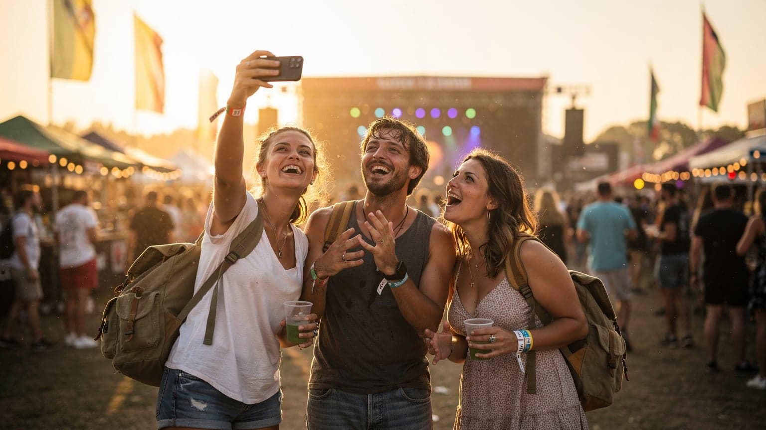 A group of friends at a late summer music festival in Europe, one person holding up a phone with a wide grin, showing off good signal amidst the crowd.