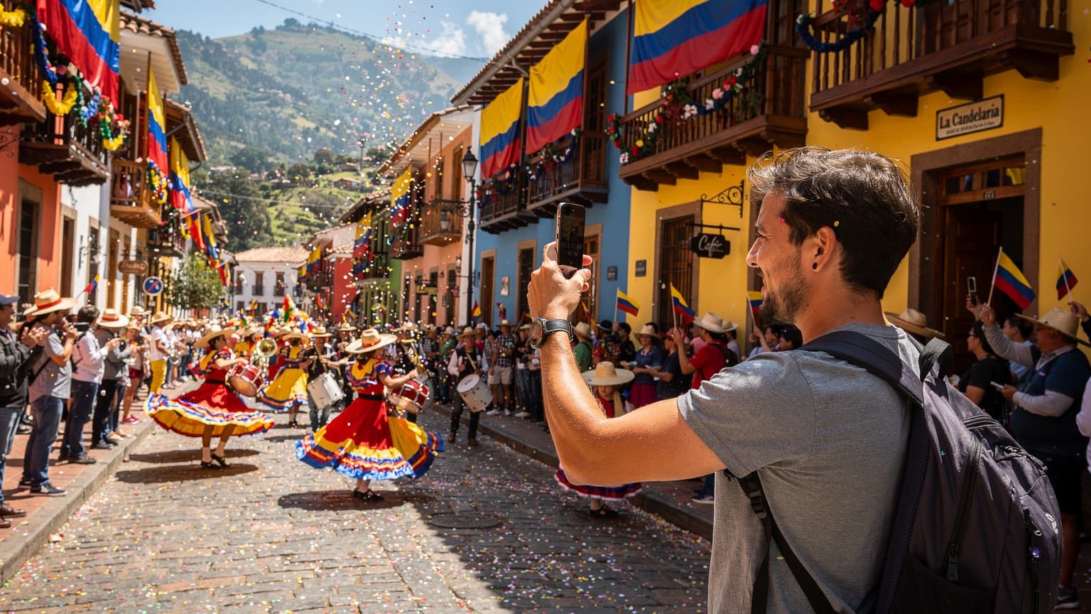 Una viajera sonríe mientras toma una foto de un desfile de Fiestas Patrias en el barrio de La Candelaria, Bogotá, con banderas ondeando al fondo y gente celebrando.