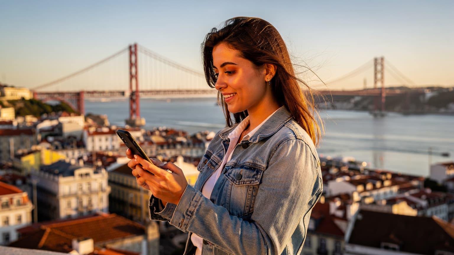 Una mujer joven, con gafas de sol, revisa su teléfono mientras disfruta de una vista panorámica de Lisboa, con el puente 25 de Abril y el río Tajo de fondo.