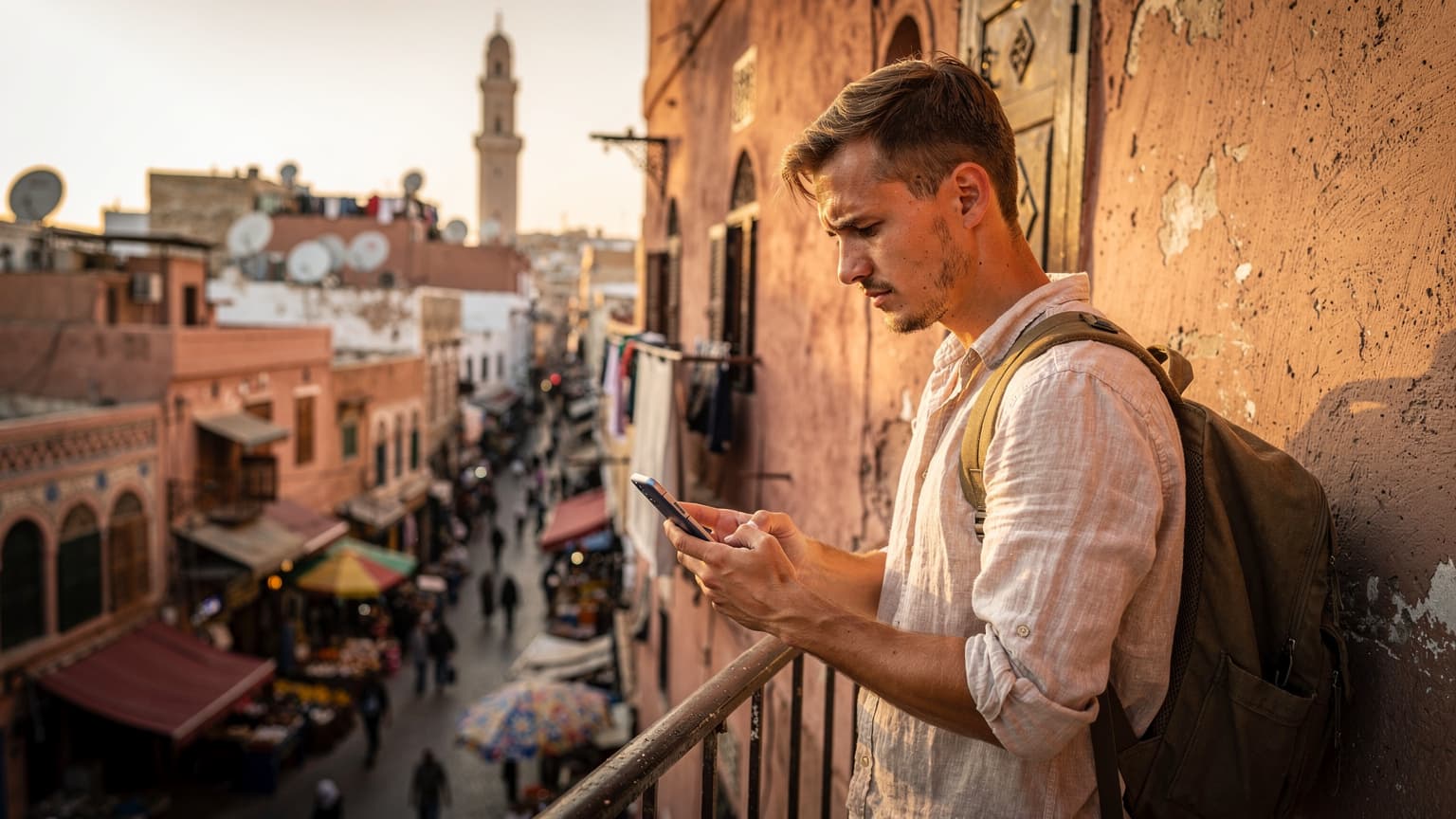 Mężczyzna w jasnej koszuli sprawdza telefon, stojąc na balkonie z widokiem na zatłoczoną medynę Tangeru, z dachami i minaretami w tle, podczas złotej godziny.