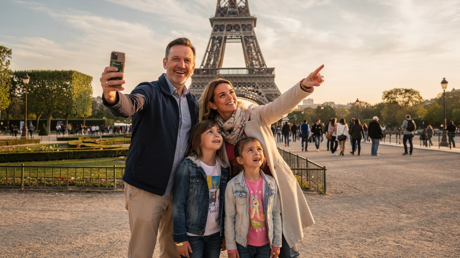 Une famille avec deux enfants, un garçon et une fille, souriant devant la Tour Eiffel à Paris, le père tenant son smartphone avec un plan numérique, la mère regardant les enfants, symbolisant une connectivité facile et joyeuse pendant les Jeux Olympiques de 2026.