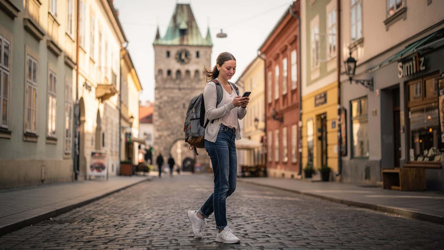 Mladá žena s batohem prochází po kamenném chodníku v historickém centru Bratislavy, v pozadí je vidět Michalská brána, drží v ruce telefon s mapou.