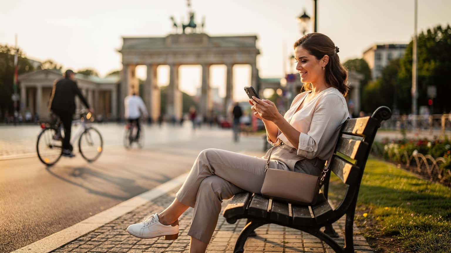 Eine Frau sitzt mit einem Smartphone in der Hand auf einer Parkbank vor dem Brandenburger Tor in Berlin und genießt die Sonne.