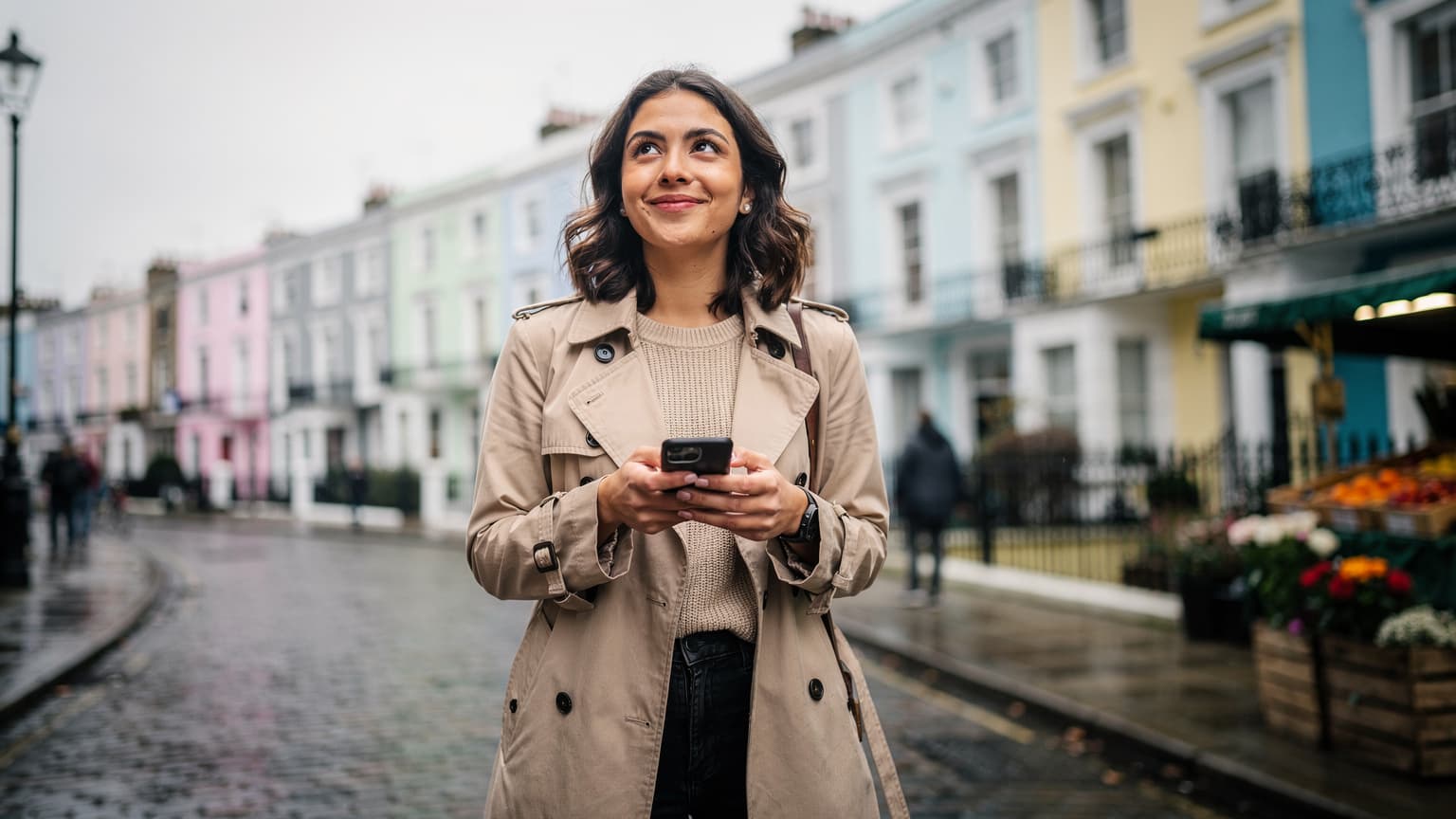 Eine junge Frau mit einem Smartphone in der Hand, die auf einer geschäftigen Straße im Londoner Stadtteil Notting Hill steht und lächelt, während sie die farbenfrohen Häuser im Hintergrund betrachtet.