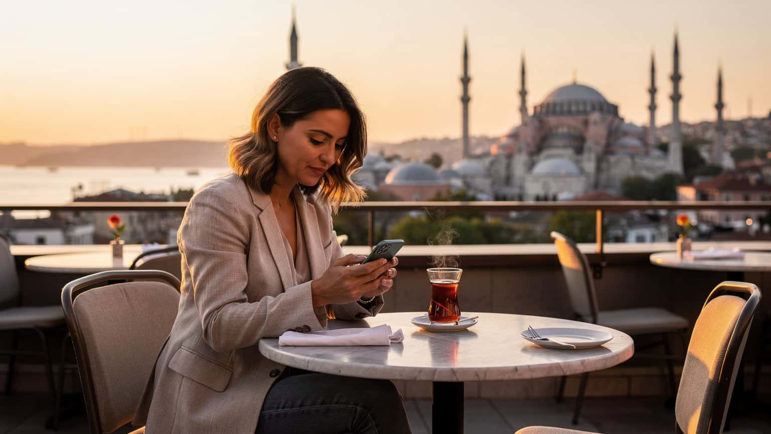 Una persona sta navigando sul suo smartphone mentre è seduta a un tavolino all'aperto di un caffè con vista sul Bosforo, con la Moschea Blu e Santa Sofia sullo sfondo al tramonto.