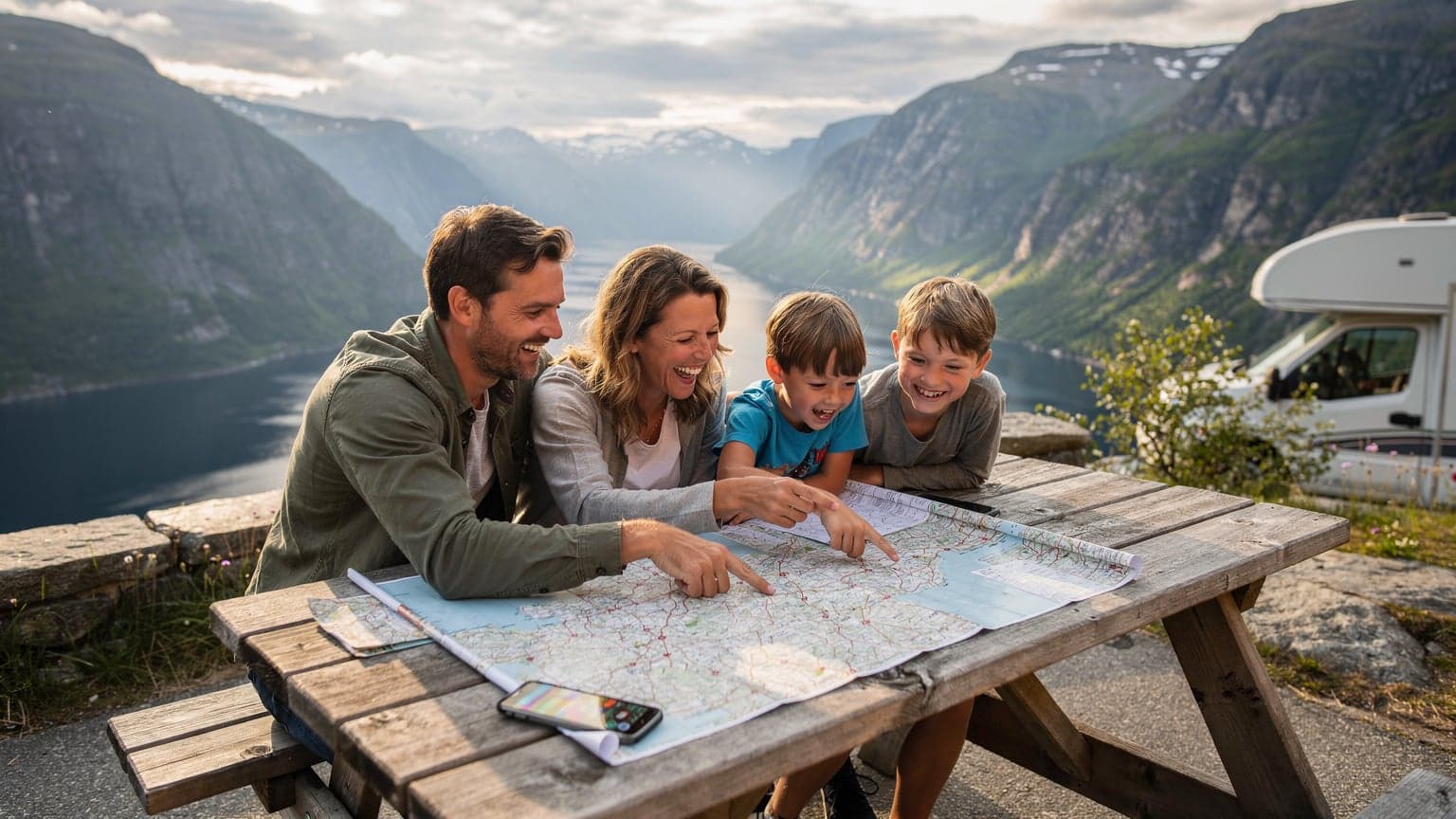 Een familie van vier, inclusief twee kinderen, lacht terwijl ze een papieren kaart en een smartphone met een digitale kaart bekijken bij een panoramisch uitzichtpunt over een fjord in Noorwegen, met een camper op de achtergrond.