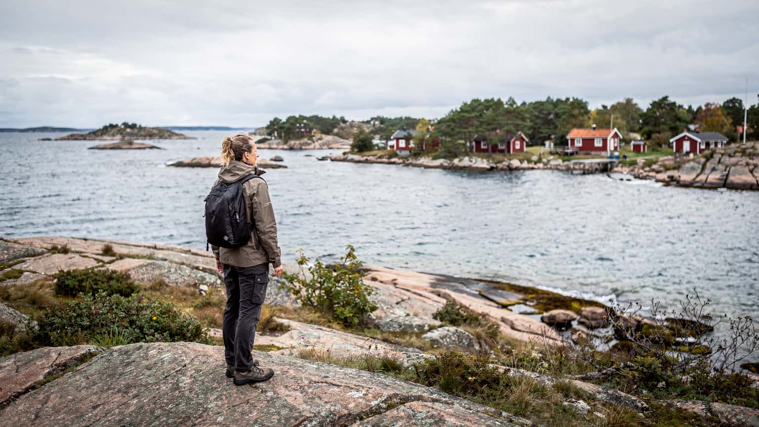 A person looking out over a calm, blue sea with traditional red wooden houses dotting the coastline of the Aland Islands under a soft, overcast sky.