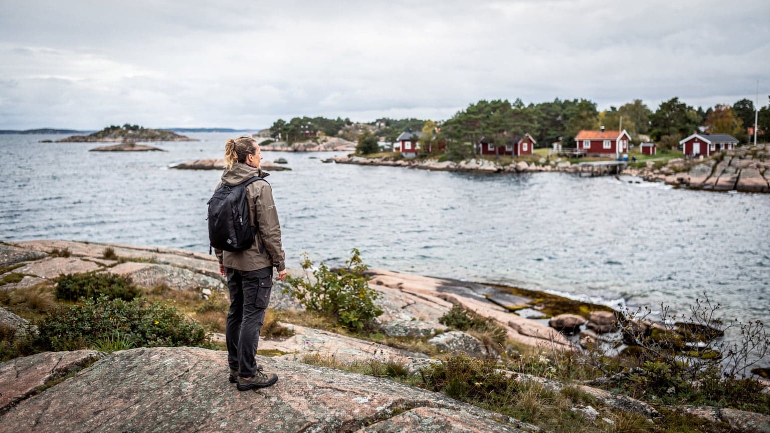 A person looking out over a calm, blue sea with traditional red wooden houses dotting the coastline of the Aland Islands under a soft, overcast sky.