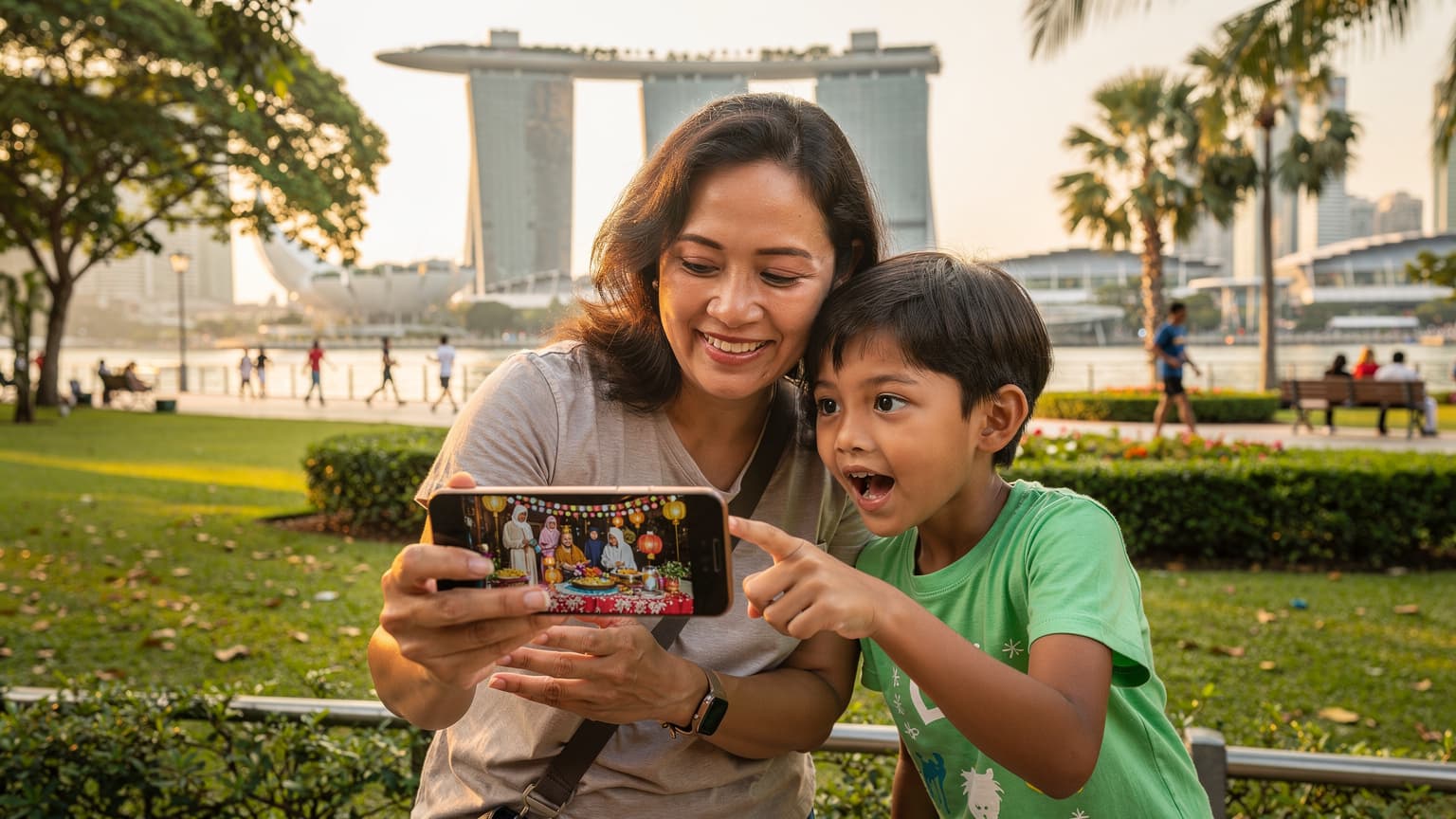 Seorang ibu tersenyum bahagia sambil melihat anaknya yang berusia sekitar 8 tahun menunjukkan hasil foto kurban terbaik di ponselnya di sebuah taman kota yang ramai di Singapura, dengan latar belakang ikonik Marina Bay Sands yang menjulang tinggi, saat matahari terbit keemasan menyinari gedung-gedung.