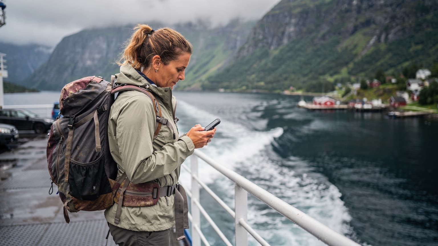 Una persona con uno zaino in spalla consulta il suo smartphone con un'eSIM attiva mentre si trova su un traghetto che attraversa un fiordo norvegese, con le montagne verdi e l'acqua blu intenso sullo sfondo.