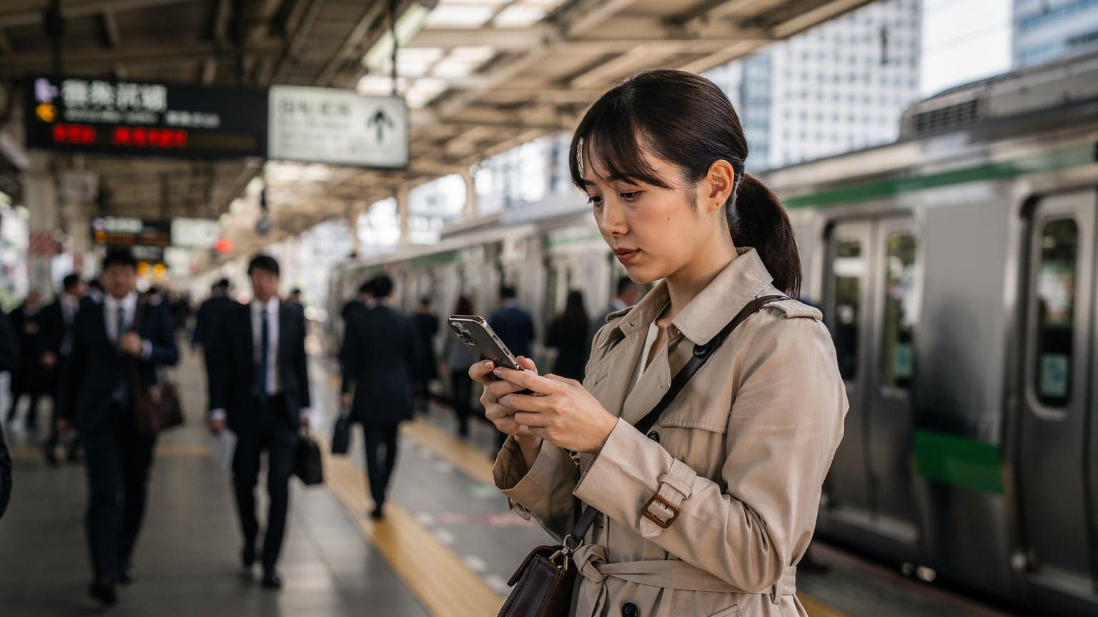 A woman at a bustling train station in Tokyo, Japan, checking her smartphone with a thoughtful expression, surrounded by the blur of commuters.