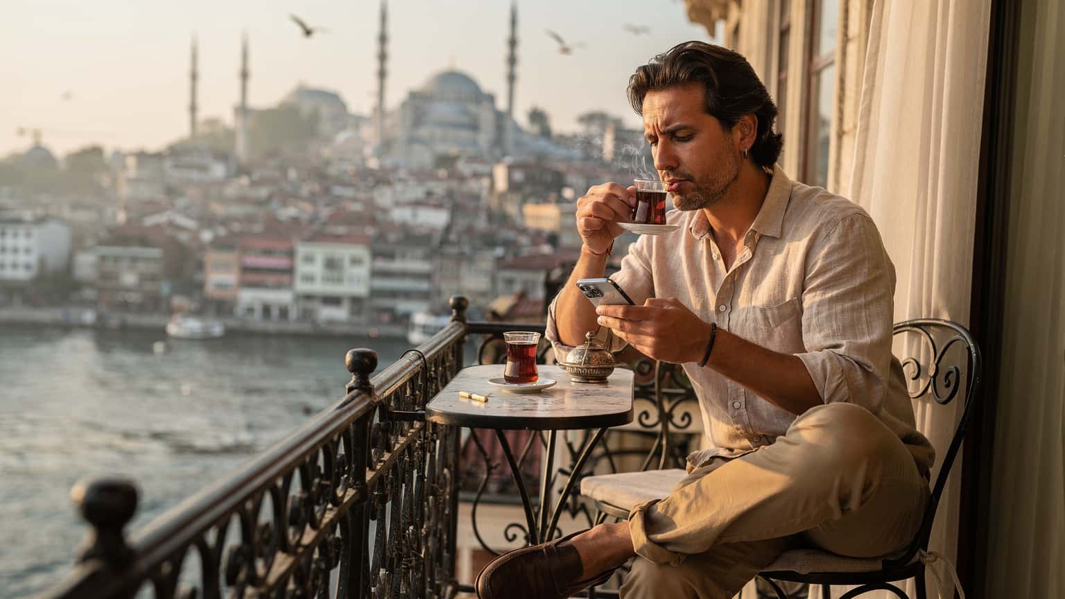 Una persona sorseggia un tè turco su un balcone con vista sul Corno d'Oro a Istanbul, mentre controlla il telefono. In lontananza, si vedono le cupole e i minareti della Moschea Blu.