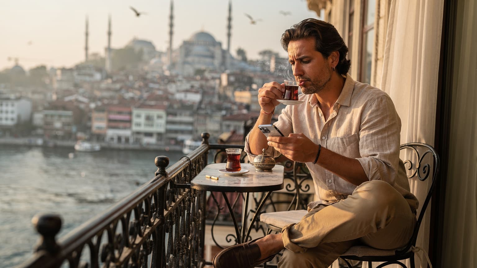 Una persona sorseggia un tè turco su un balcone con vista sul Corno d'Oro a Istanbul, mentre controlla il telefono. In lontananza, si vedono le cupole e i minareti della Moschea Blu.