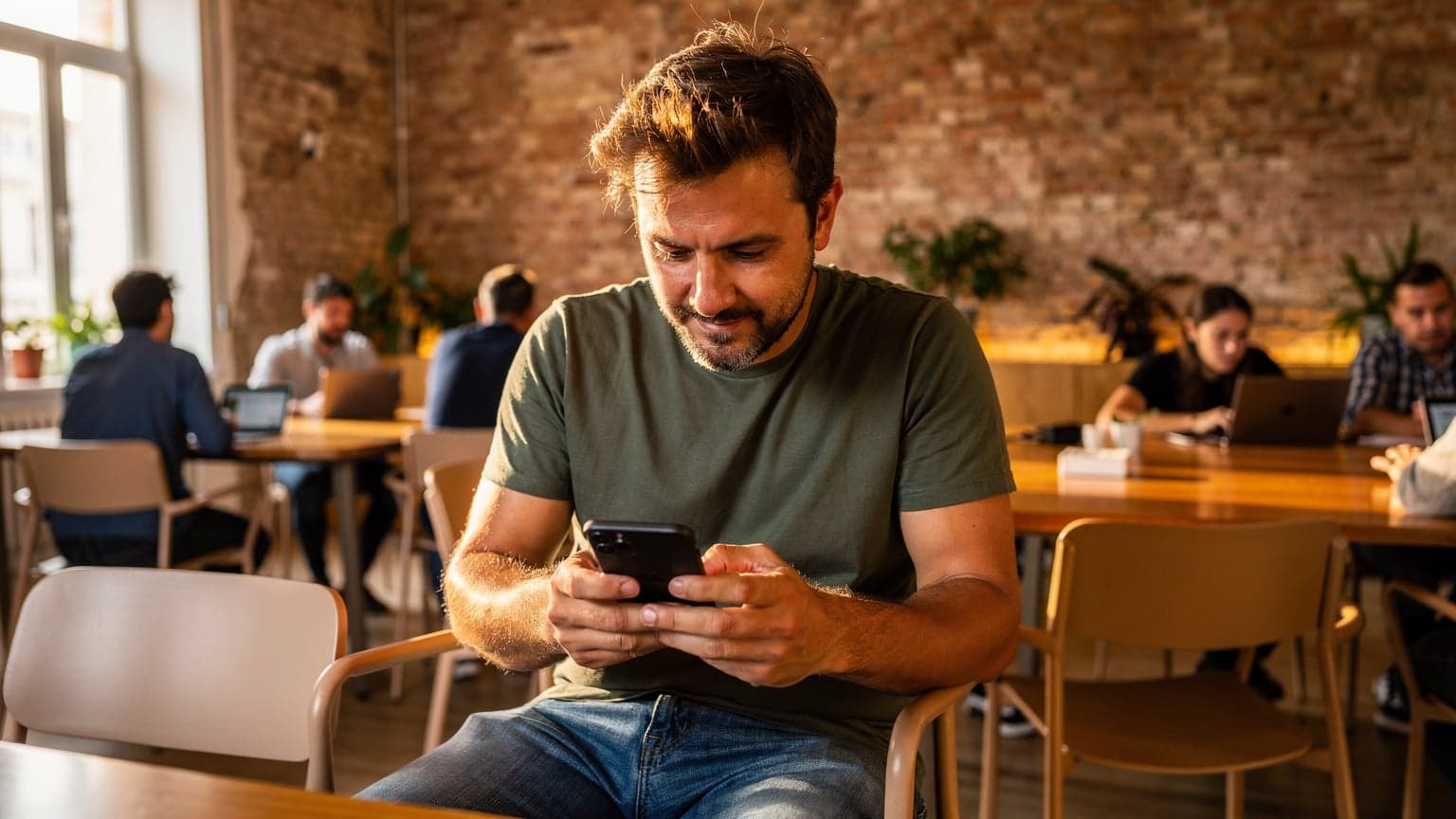 A digital nomad sits in a bustling co-working space in Lisbon's Cais do Sodré, looking intently at a smartphone displaying a data plan comparison.