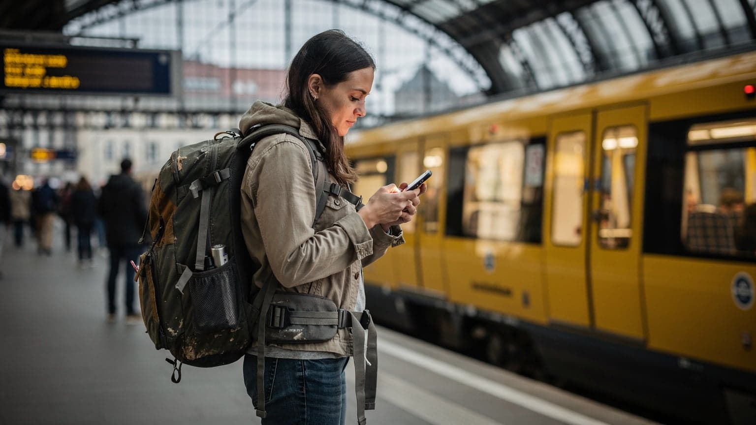 A young woman with a backpack checks her iPhone's eSIM settings on a bustling train platform in Berlin, with a S-Bahn train in the background.