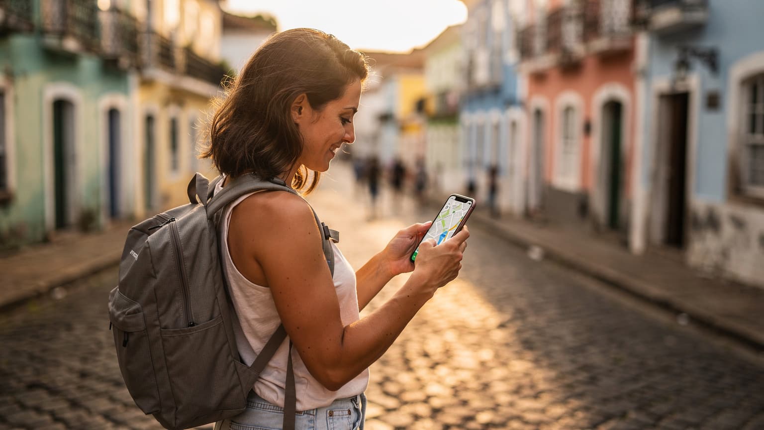 Uma mulher sorridente, com mochila, ajusta seu celular olhando para um mapa digital em uma rua movimentada de Salvador, Bahia, com o Pelourinho ao fundo, sob a luz do sol da tarde.