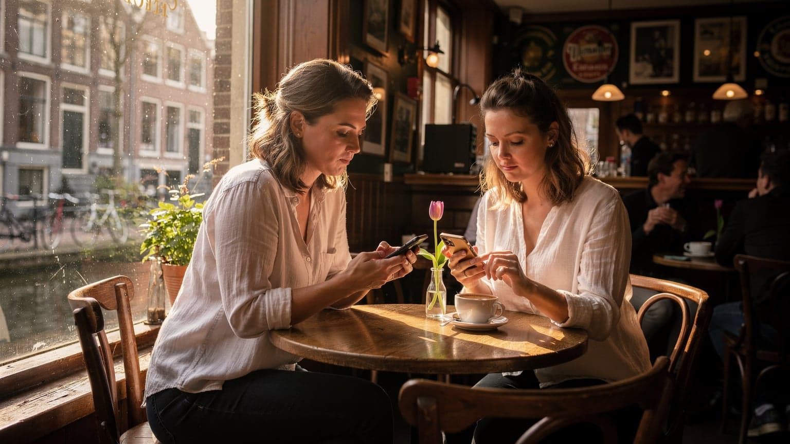 Een vrouw, gekleed in een lichte linnen blouse, zit geconcentreerd in een bruin café in de Jordaan, Amsterdam, met haar nieuwe iPhone in de hand terwijl de ochtendzon door het raam valt en een zachte gloed over haar gezicht werpt.