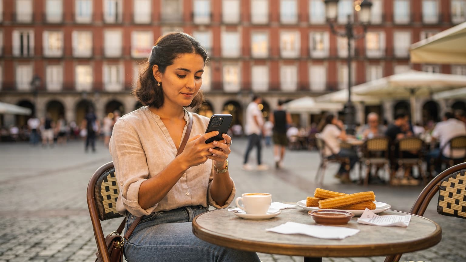 Madrid'deki Plaza Mayor'da kahvesini yudumlarken akıllı telefonundan harita kontrol eden bir kadın, tarihi binaların ve hareketli kalabalığın ortasında.