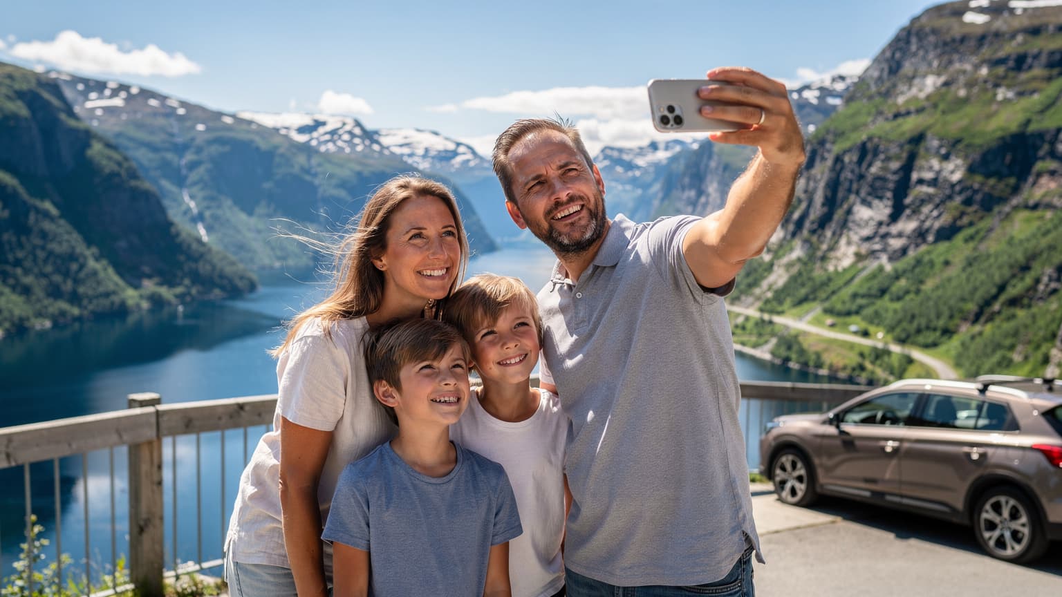 En familie på fire, mor, far og to børn i alderen 8 og 10, står ved en betagende udsigt over en norsk fjord med sneklædte bjerge i baggrunden, mens de tager et selfie med en smartphone.