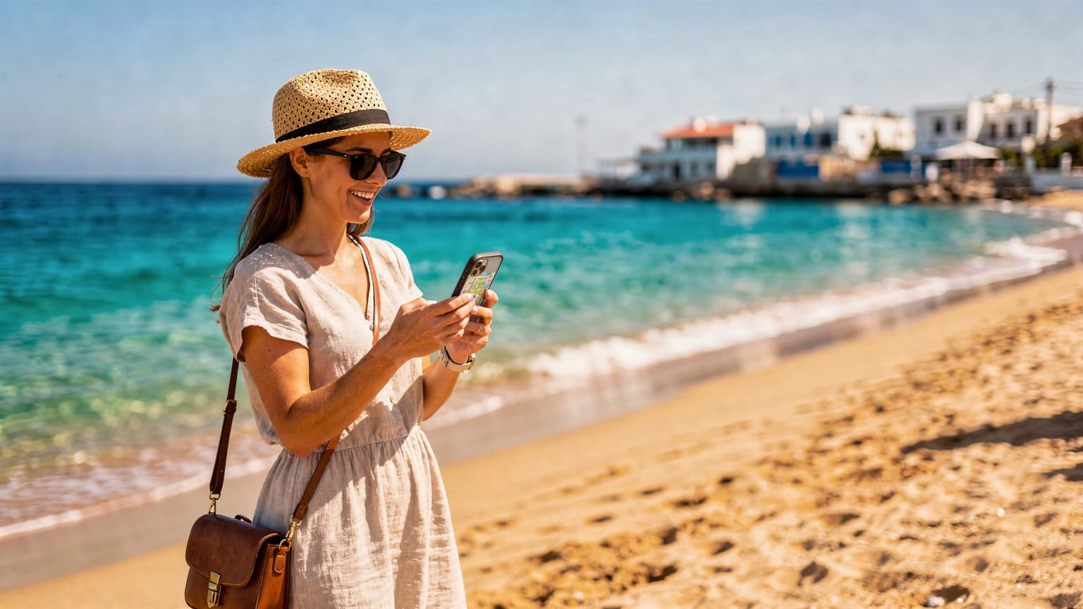 O turistă zâmbind, consultând harta pe telefonul ei cu eSIM activat, pe o plajă însorită din Limassol, Cipru, cu marea turcoaz în fundal.