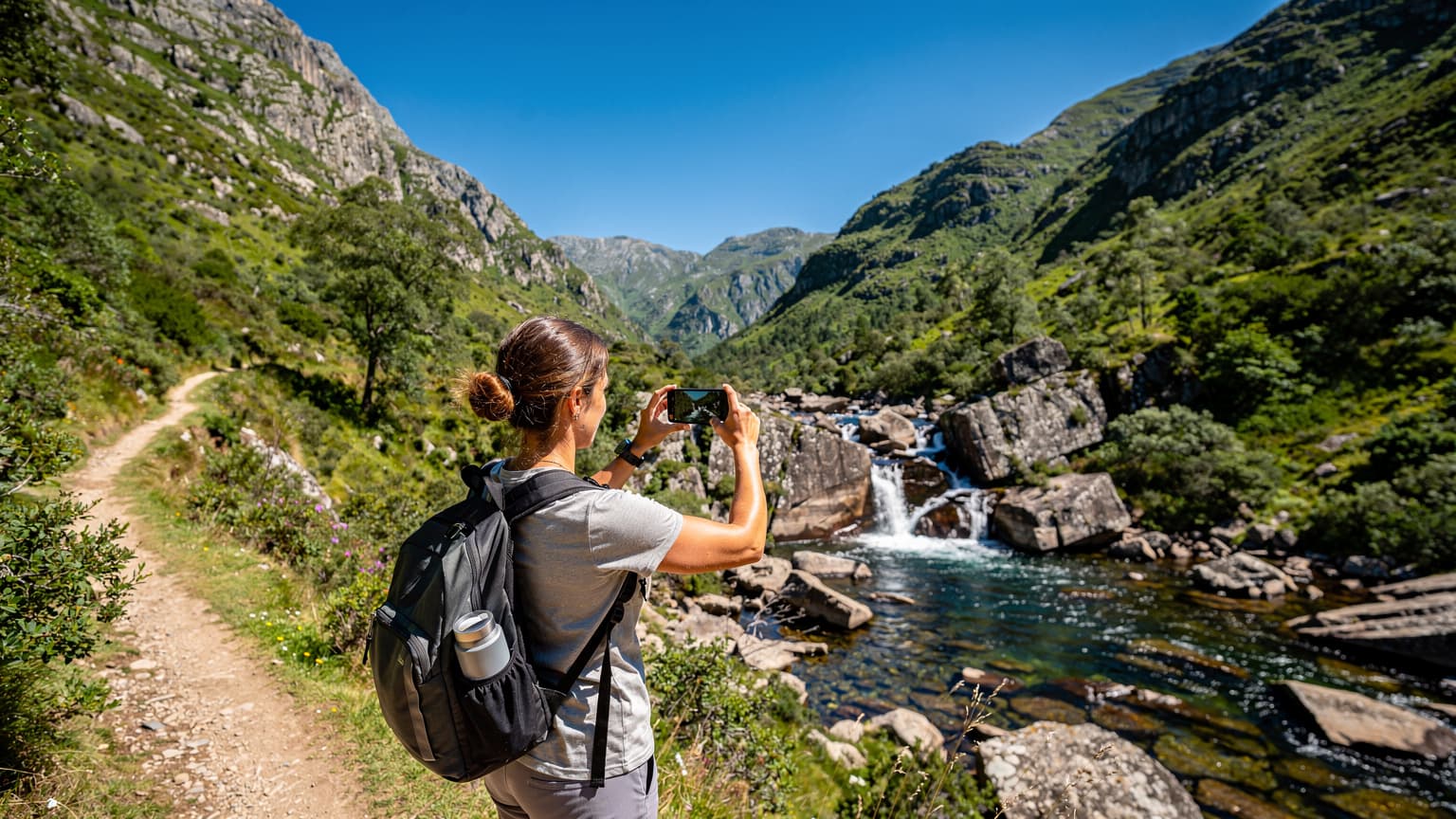 Uma mulher sorridente usa o seu smartphone para tirar uma fotografia panorâmica da paisagem montanhosa verdejante do Parque Nacional da Peneda-Gerês, com um lago cintilante ao fundo e um céu azul claro.
