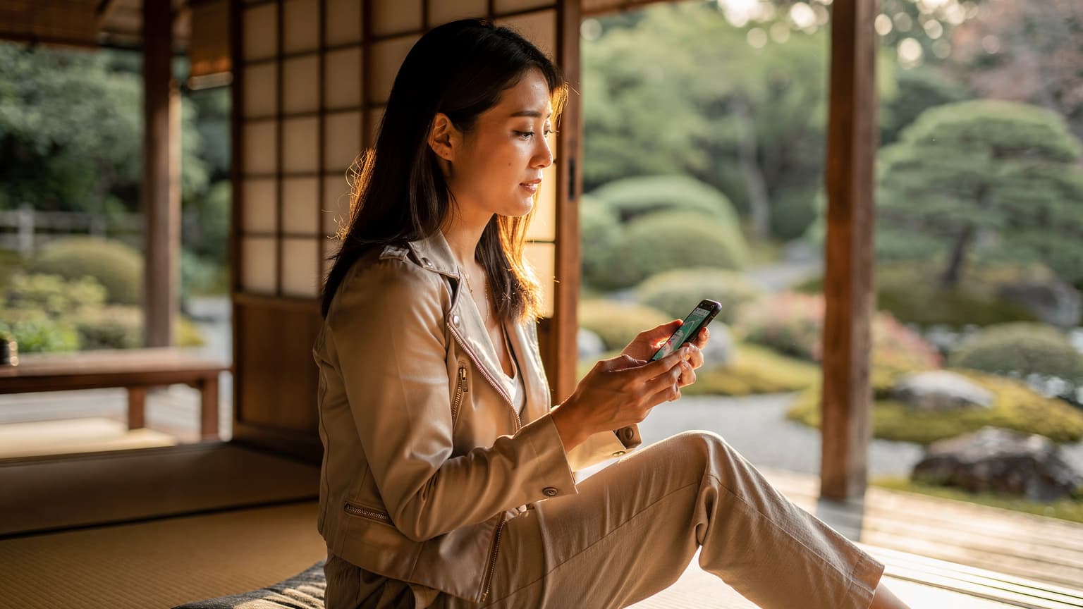 一名旅行者在東京新宿御苑的茶室旁,手持手機查看地圖,陽光透過日式窗戶灑在臉上,表情輕鬆愉悅。