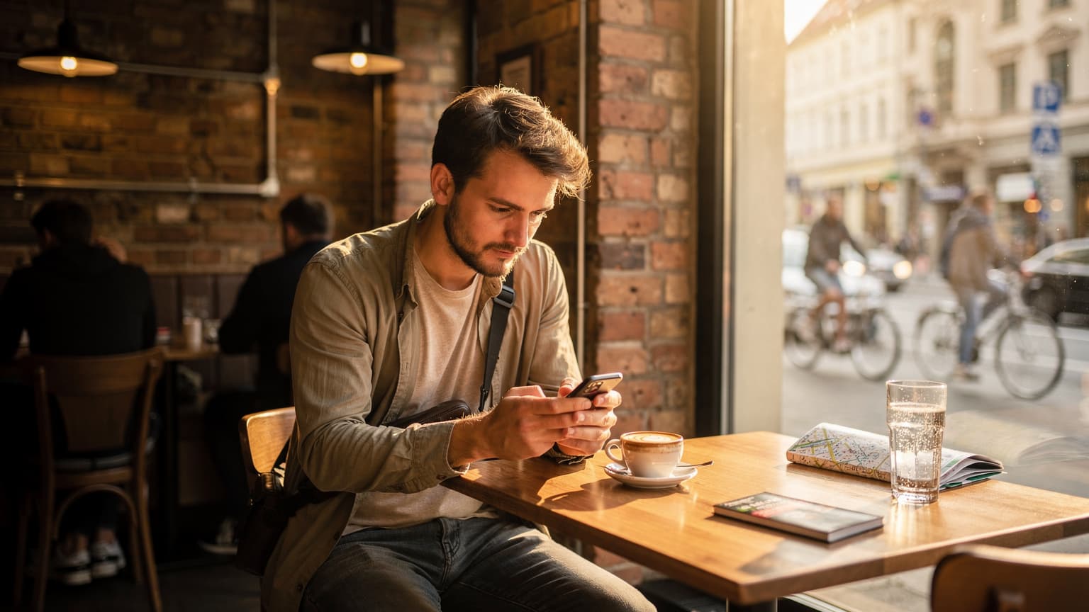 Ein junger Reisender überprüft auf seinem Smartphone die eSIM-Einstellungen, während er in einem belebten Café in der Berliner Torstraße sitzt, das Sonnenlicht fällt durch die großen Fenster.