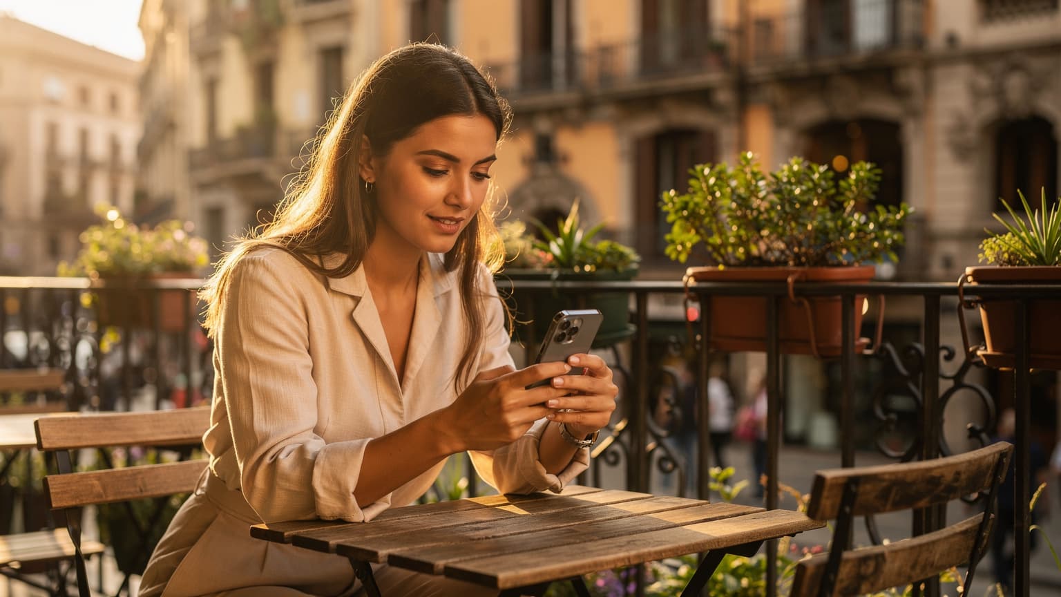 Una persona sentada en una terraza soleada en el barrio de Gràcia en Barcelona, mirando su teléfono móvil mientras disfruta de un café y planifica su ruta.