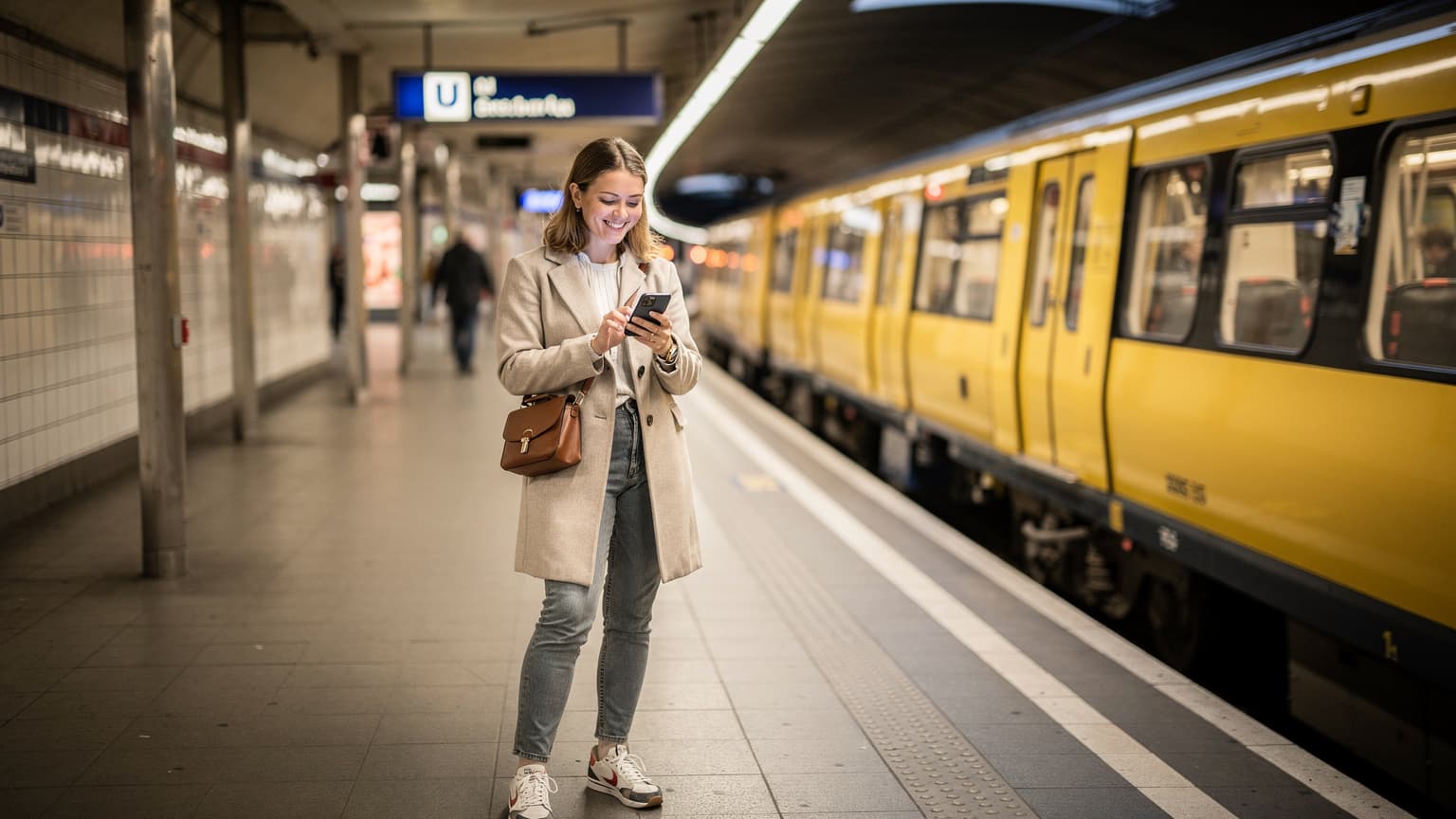 O tânără zâmbește în timp ce verifică harta pe telefonul ei, stând pe peronul unei stații de U-Bahn din Berlin, cu un tren galben BVG în fundal.