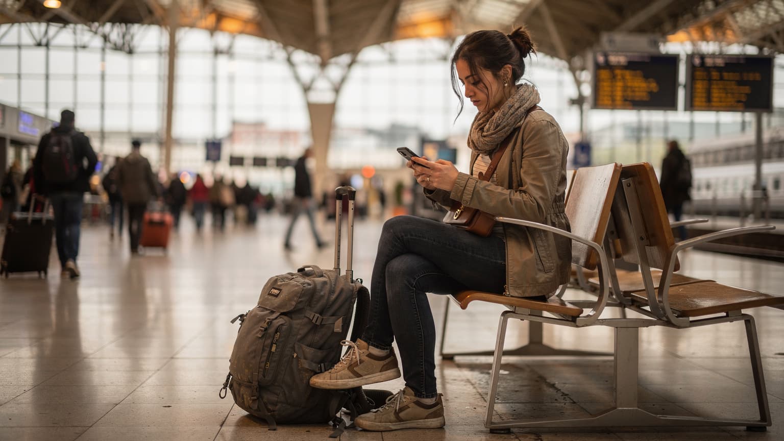 Une jeune femme au look de backpackeuse vérifie son téléphone sur un banc public dans la gare de Lyon Part-Dieu, entourée de son gros sac à dos et d'une petite sacoche.