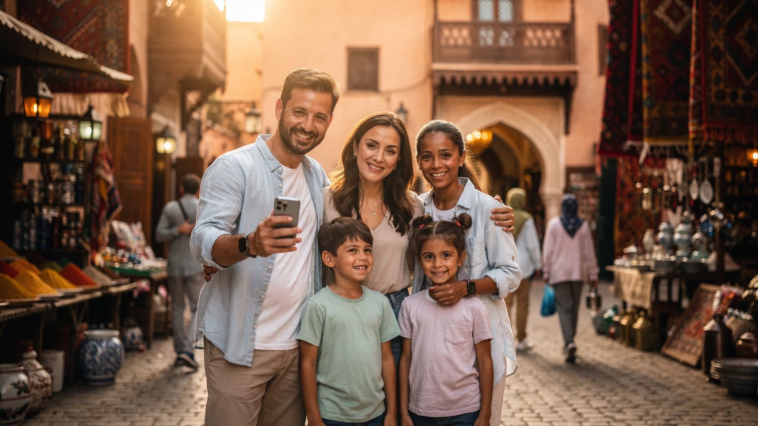 A family of four, including two children, exploring a vibrant Moroccan market at golden hour, with one parent subtly holding a smartphone, conveying modern travel and connectivity.