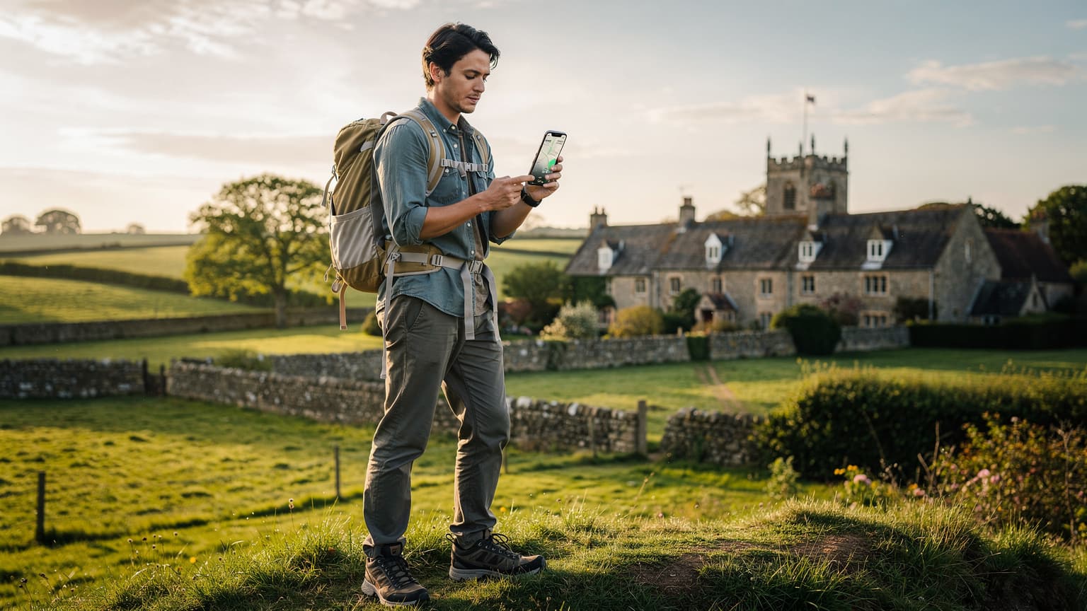 A young budget backpacker holding a smartphone, looking at its screen with a thoughtful expression, against a scenic backdrop of historic English architecture and rolling green hills during golden hour. The image conveys modern travel and connectivity.