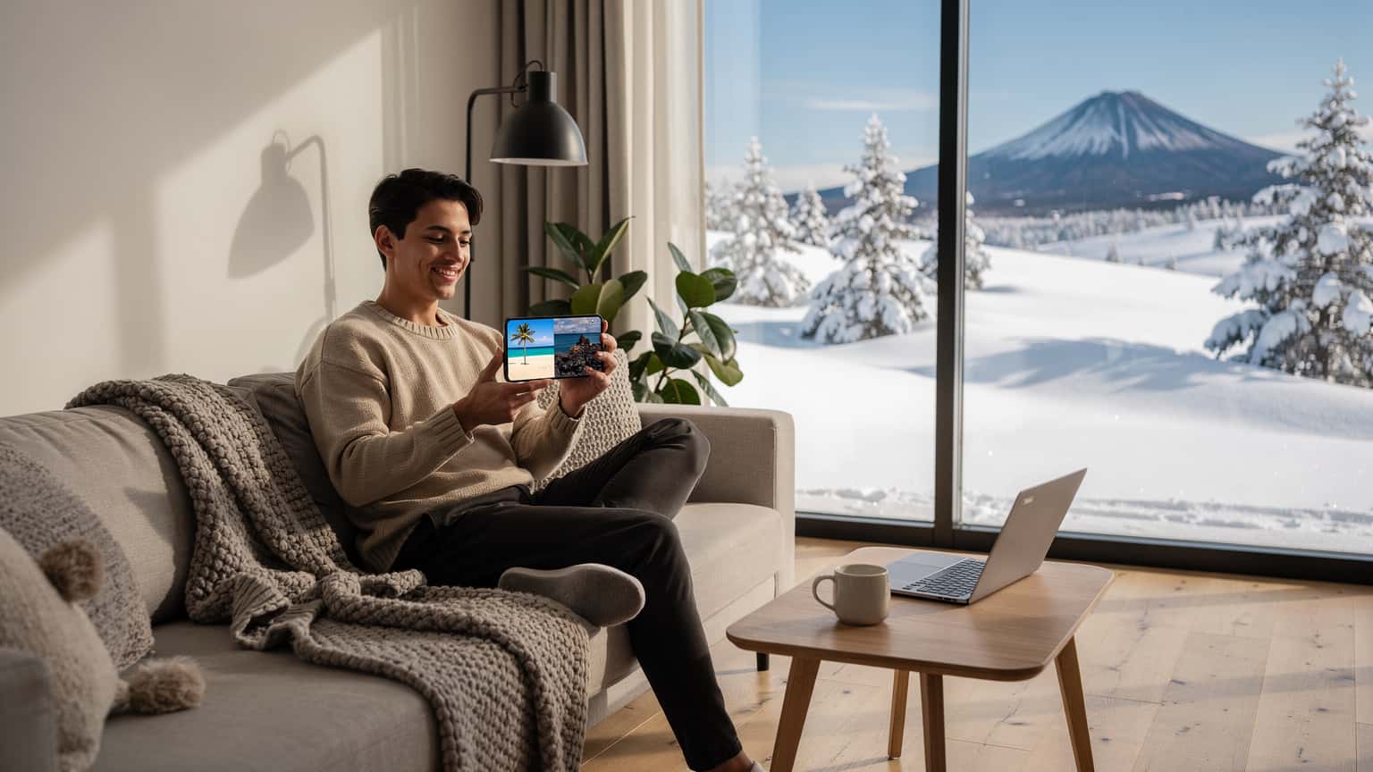 A person in a cozy, modern room with a snowy winter view outside, looking at a smartphone screen that displays a split image of a tropical beach and a volcanic landscape.