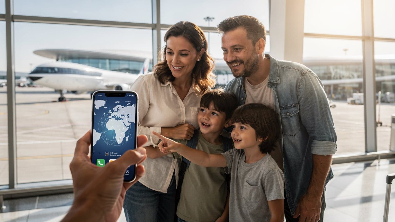 A modern family, including two parents and two children, stands in a brightly lit international airport terminal, looking at a smartphone with a digital map, symbolizing seamless global connectivity. Modern aircraft are visible through a large window in the background, creating a sense of future travel.