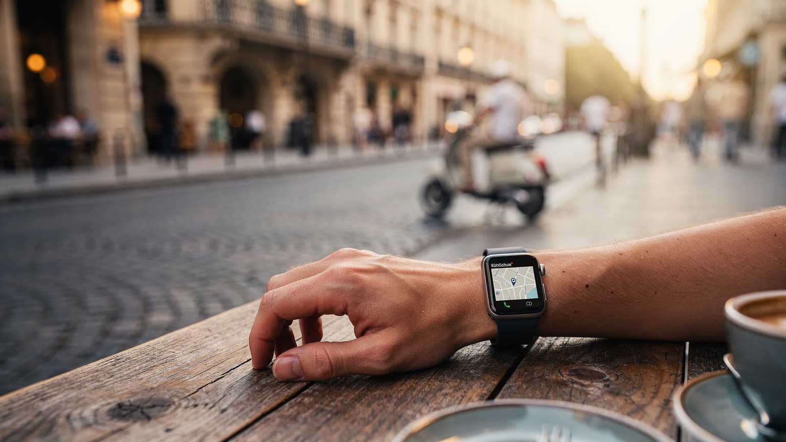 A person wearing an Apple Watch at an outdoor cafe in a European city, with a blurred historic street in the background, symbolizing connected international travel without an iPhone.