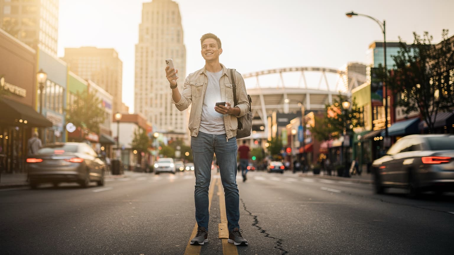 A traveler uses a smartphone on a sunny North American city street, with a stadium in the background, symbolizing easy connectivity during a major sports event.