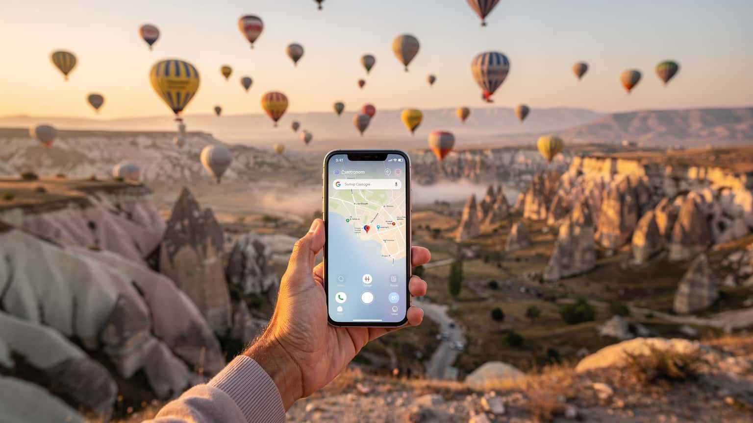 A close-up of a hand holding a smartphone in the foreground, with a stunning sunrise over Cappadocia, Turkey, and many hot air balloons in the background. The image evokes modern travel and connectivity.