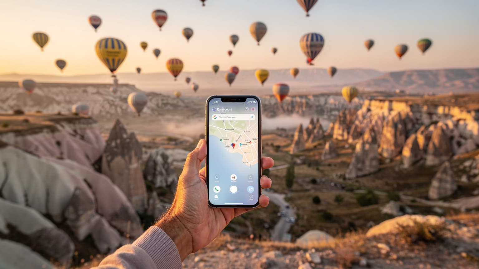 A close-up of a hand holding a smartphone in the foreground, with a stunning sunrise over Cappadocia, Turkey, and many hot air balloons in the background. The image evokes modern travel and connectivity.
