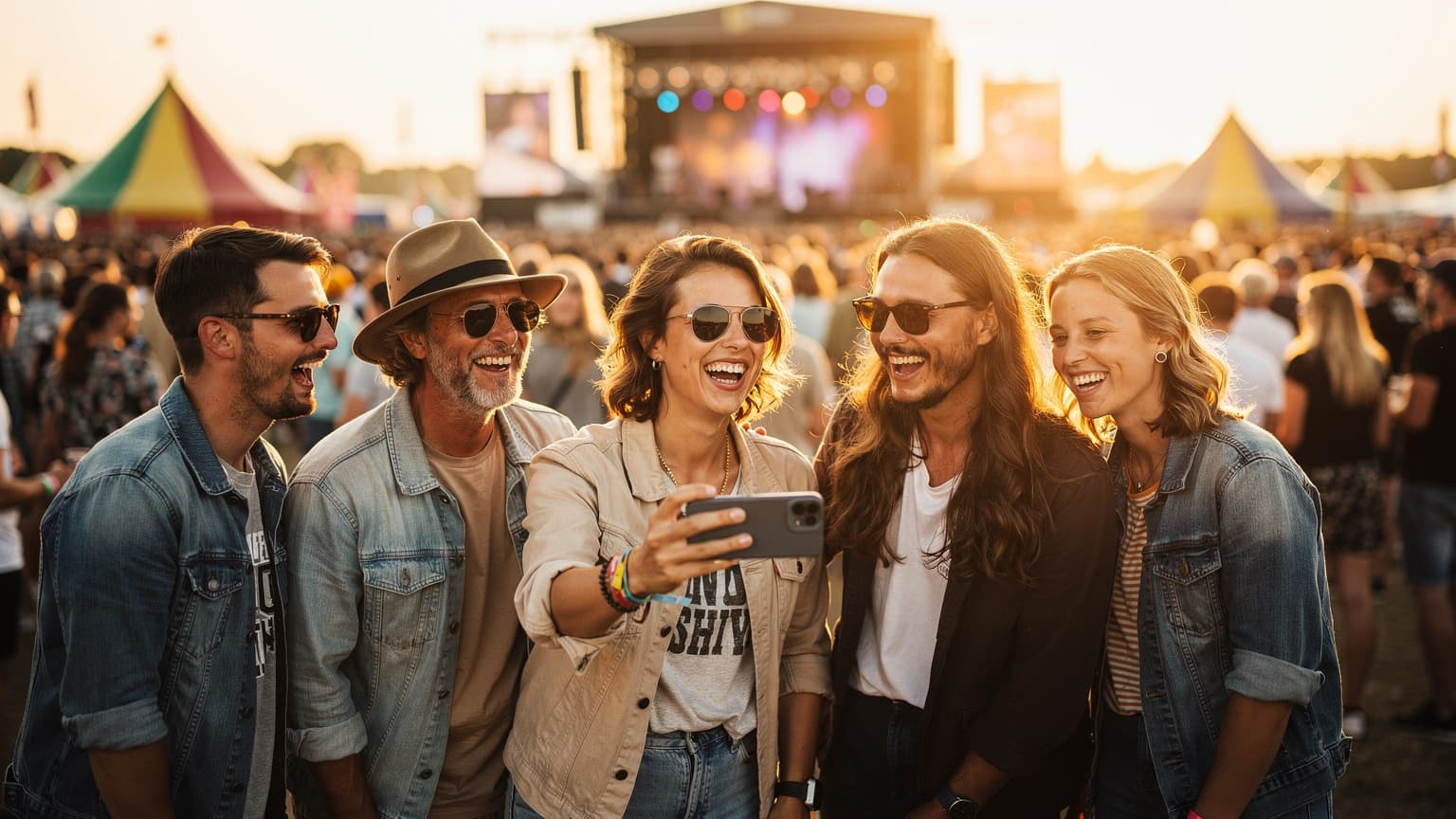A group of friends laughing and sharing a moment at a vibrant music festival during golden hour, one holding a smartphone, capturing the essence of connection and sharing.