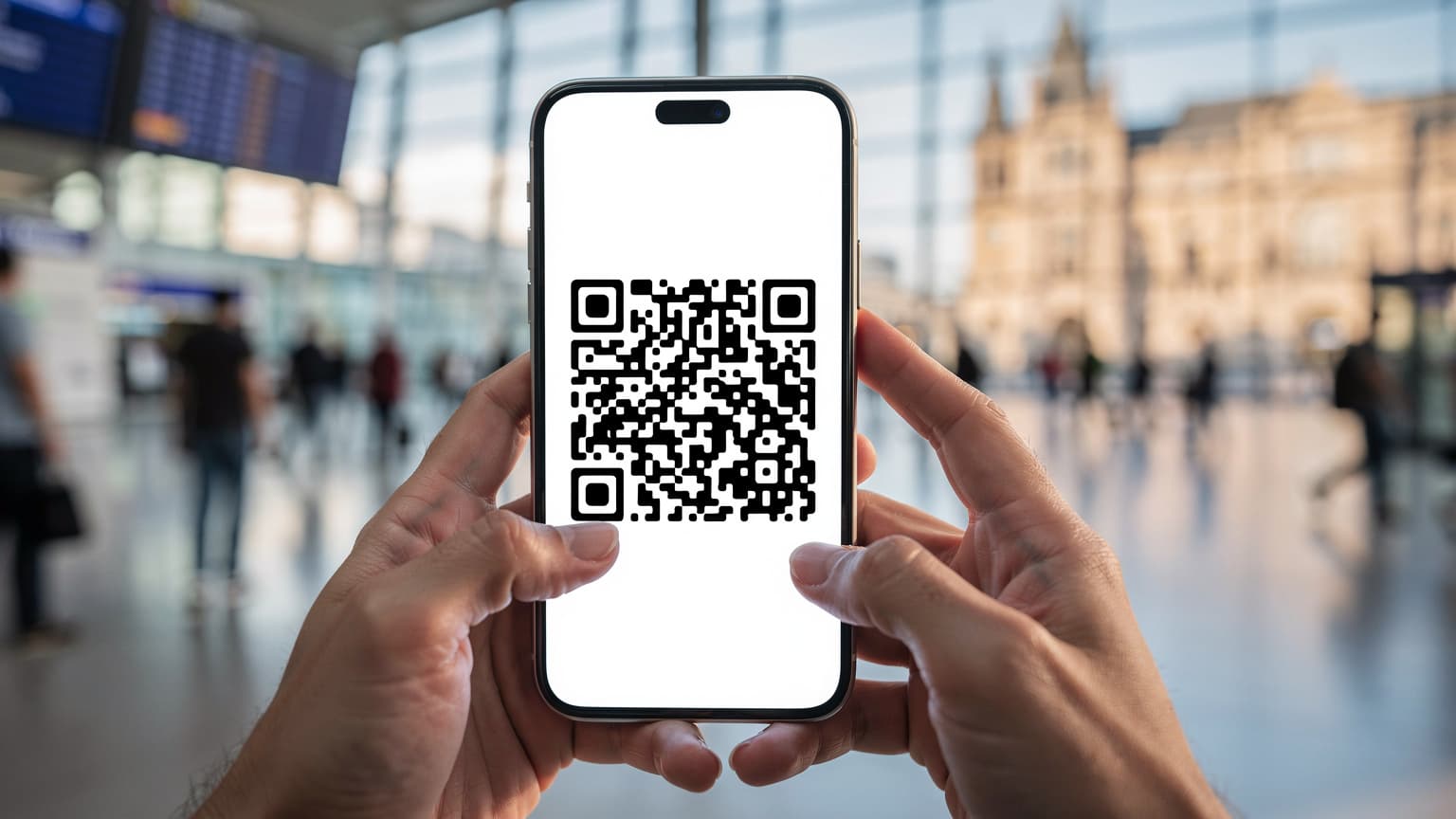 A person's hands holding a smartphone displaying an eSIM activation QR code, with a blurred international airport or city in the background, symbolizing easy global travel and tech connectivity.