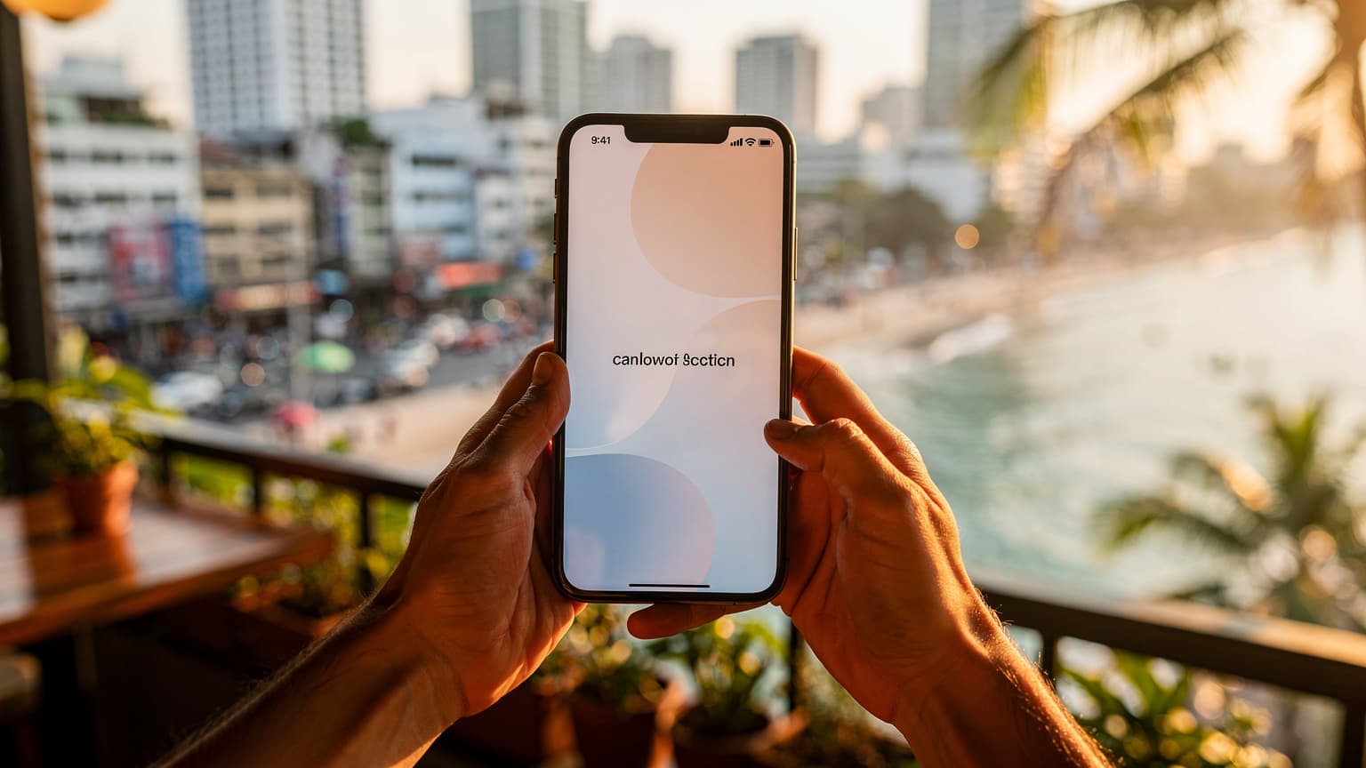 A close-up of hands holding a smartphone, with a blurred backdrop of a scenic Southeast Asian travel location, symbolizing easy remote eSIM activation.