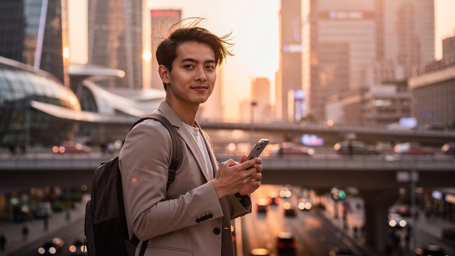 A traveler uses a smartphone in a modern Chinese city, symbolizing seamless eSIM connectivity.