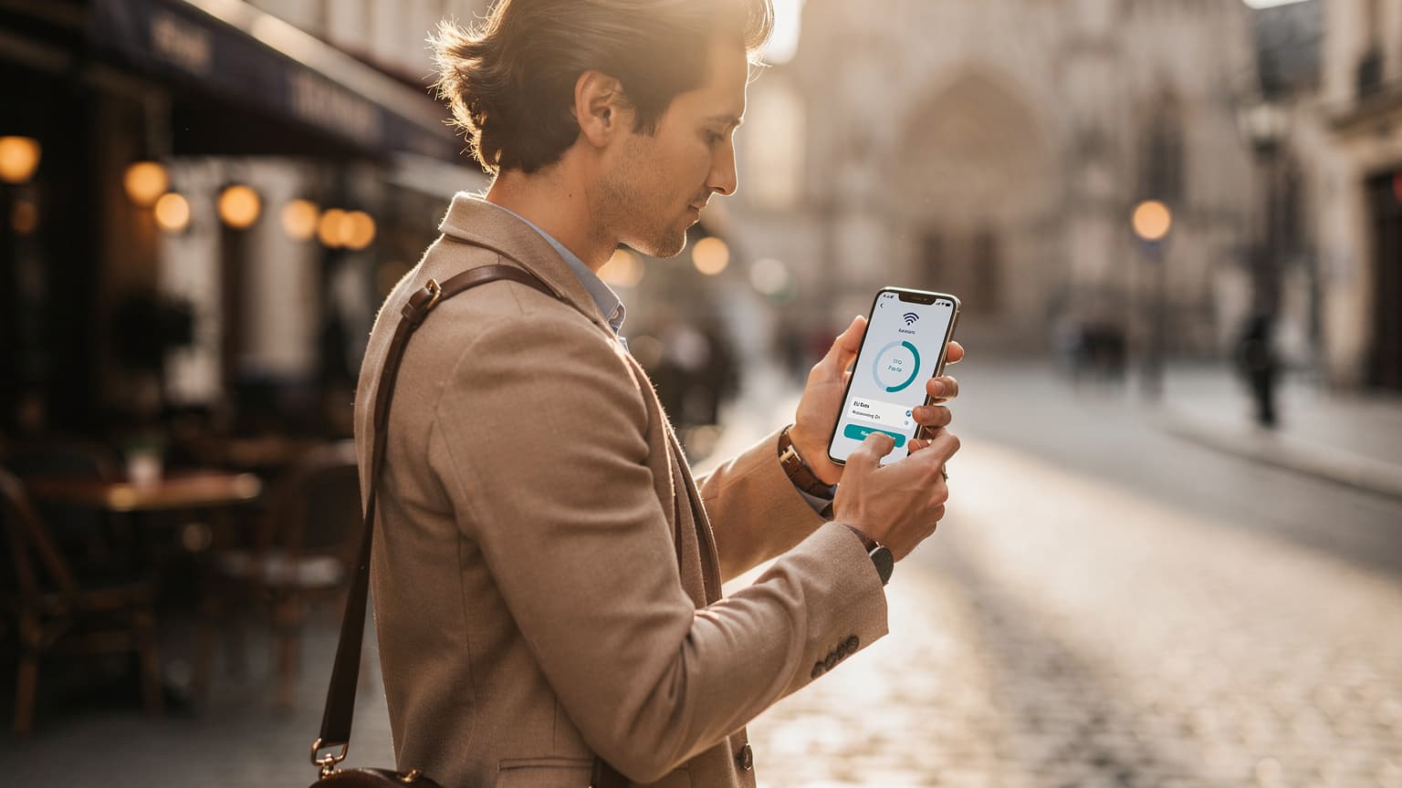 A person using a smartphone in a picturesque European city, representing effortless mobile data and remote work connectivity with an eSIM.