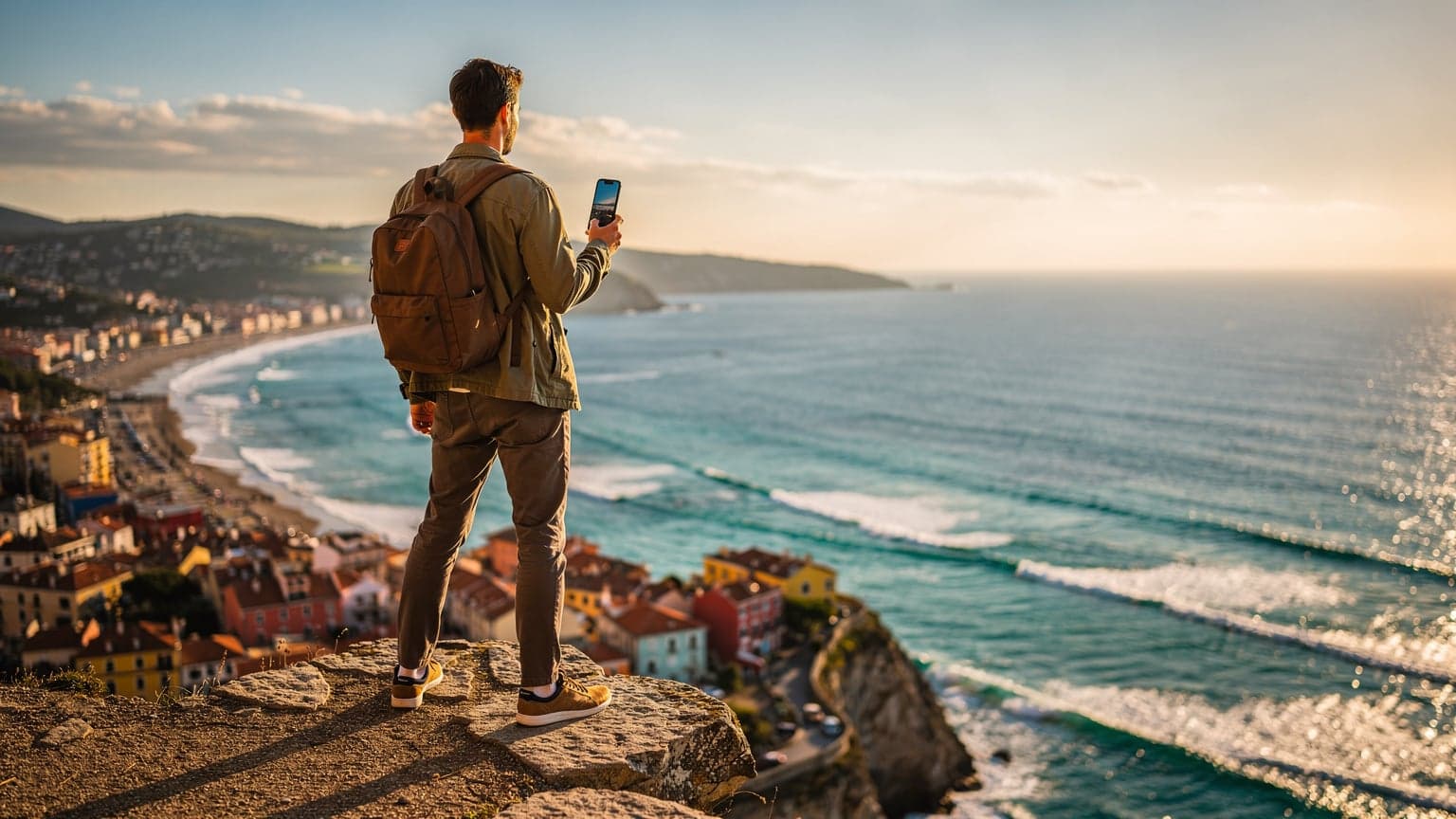 A person stands on a scenic clifftop overlooking a vibrant coastal town under natural sunlight, holding a smartphone that subtly reflects the distant landscape, conveying seamless travel and digital connectivity.