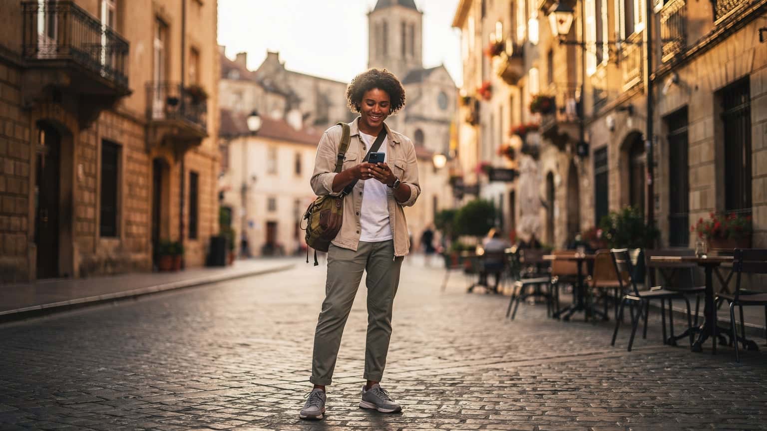 A person holding a smartphone in a sunny European setting, suggesting easy internet access while traveling.