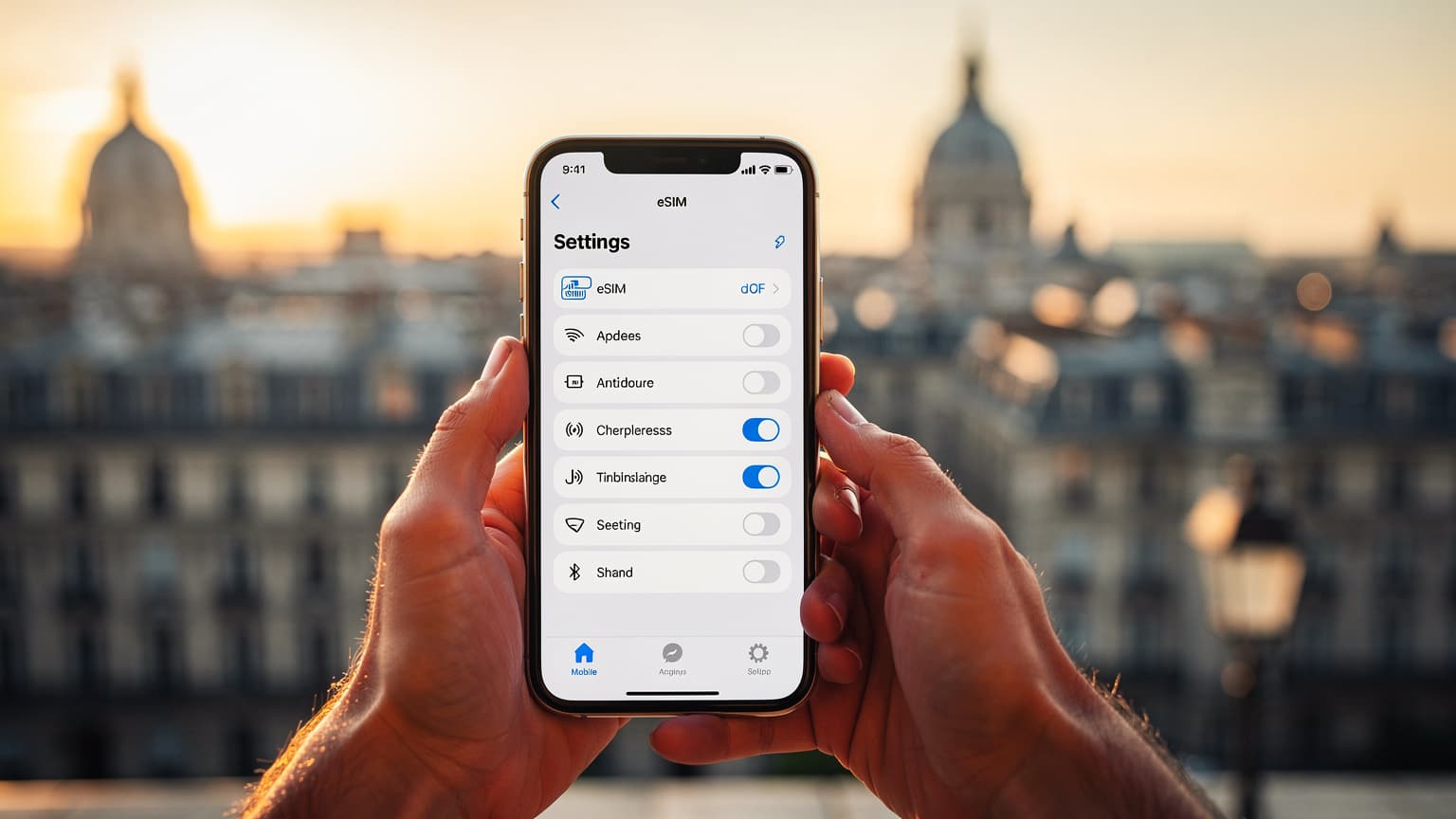 A close-up shot of a person's hands holding a smartphone displaying an eSIM settings screen, set against a softly blurred background of an iconic European city at sunset, symbolizing global travel and digital connectivity support.