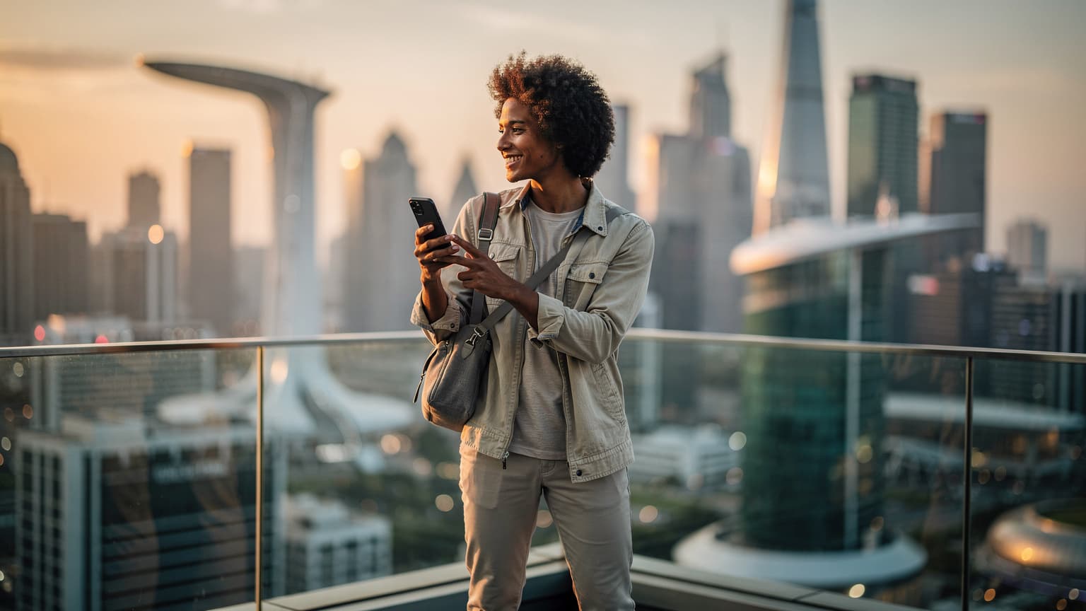 A modern traveler in their late 20s stands on a city rooftop at sunset, holding a sleek, unbranded smartphone and smiling confidently. The blurred city lights in the background suggest global travel and effortless connectivity through technology.
